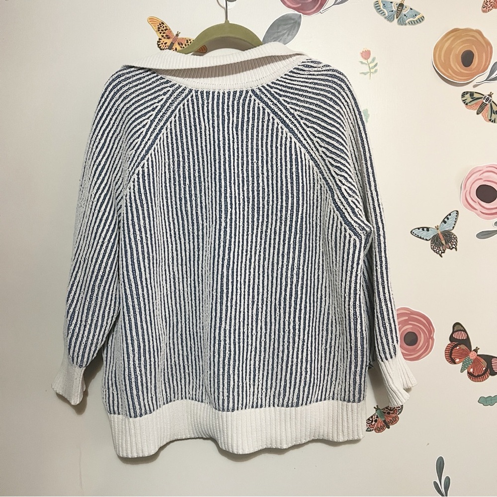 Aerie Oversized Navy and White V-Neck Collared Sweater M - Picture 2 of 6